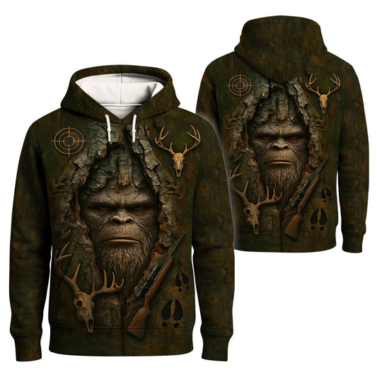 Bigfoot Deer Hunting T-Shirt - Forest Skull Camo Design