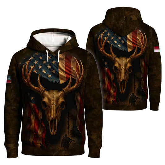 Patriotic Deer Hunting T-Shirt - Buck Skull & American Flag