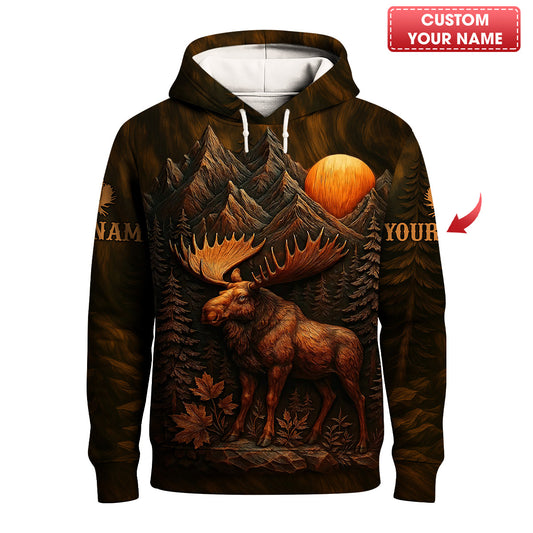 Custom Name Moose Shirt, Mountain Wood Carving Art