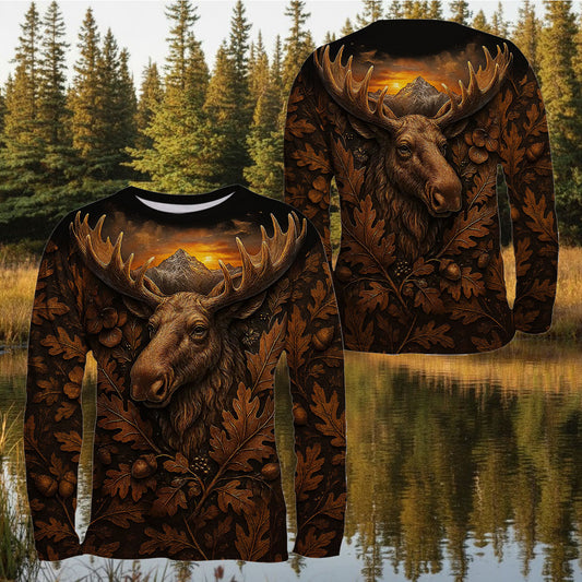 Moose Hunting Hoodie – Rustic Oak Leaves, Mountain Sunset All-Over Print