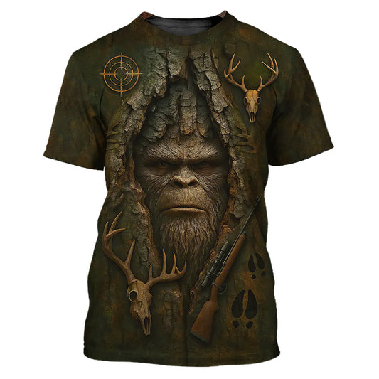 Bigfoot Deer Hunting T-Shirt - Forest Skull Camo Design
