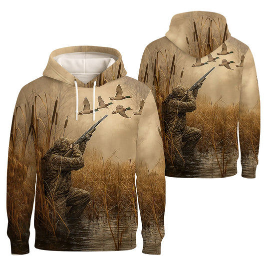 Duck Hunting T-Shirt - Waterfowl Hunter in Marsh Design