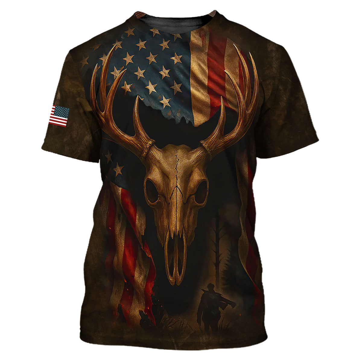 Patriotic Deer Hunting T-Shirt - Buck Skull & American Flag