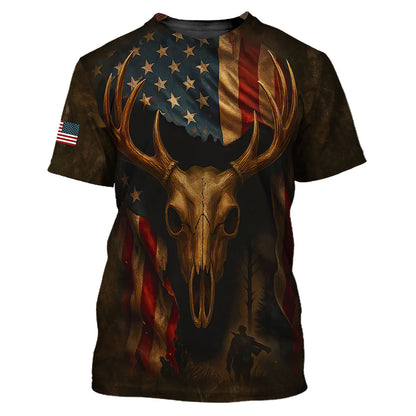 Patriotic Deer Hunting T-Shirt - Buck Skull & American Flag