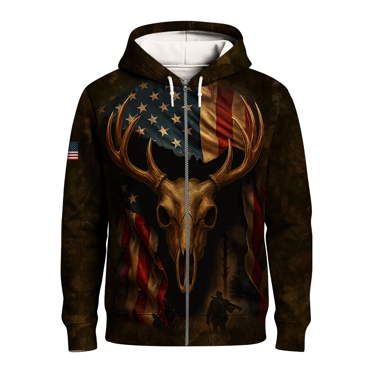 Patriotic Deer Hunting T-Shirt - Buck Skull & American Flag