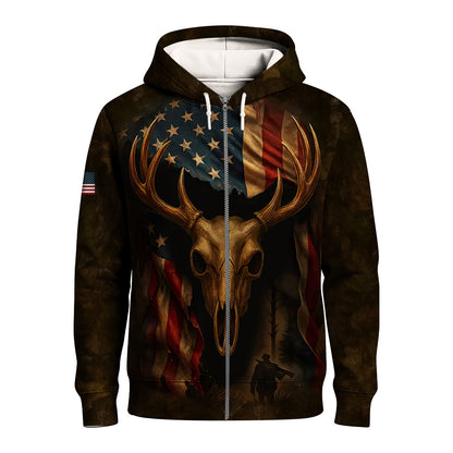 Patriotic Deer Hunting T-Shirt - Buck Skull & American Flag