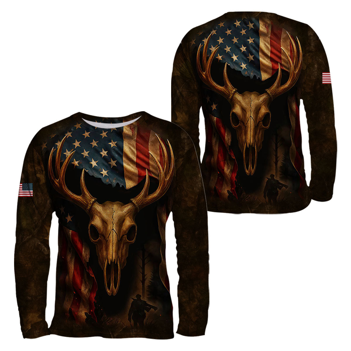 Patriotic Deer Hunting T-Shirt - Buck Skull & American Flag