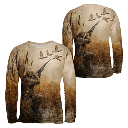 Duck Hunting T-Shirt - Waterfowl Hunter in Marsh Design