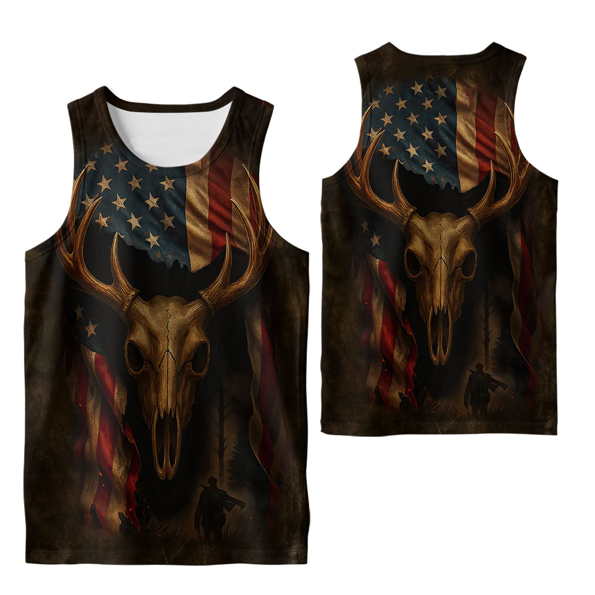 Patriotic Deer Hunting T-Shirt - Buck Skull & American Flag