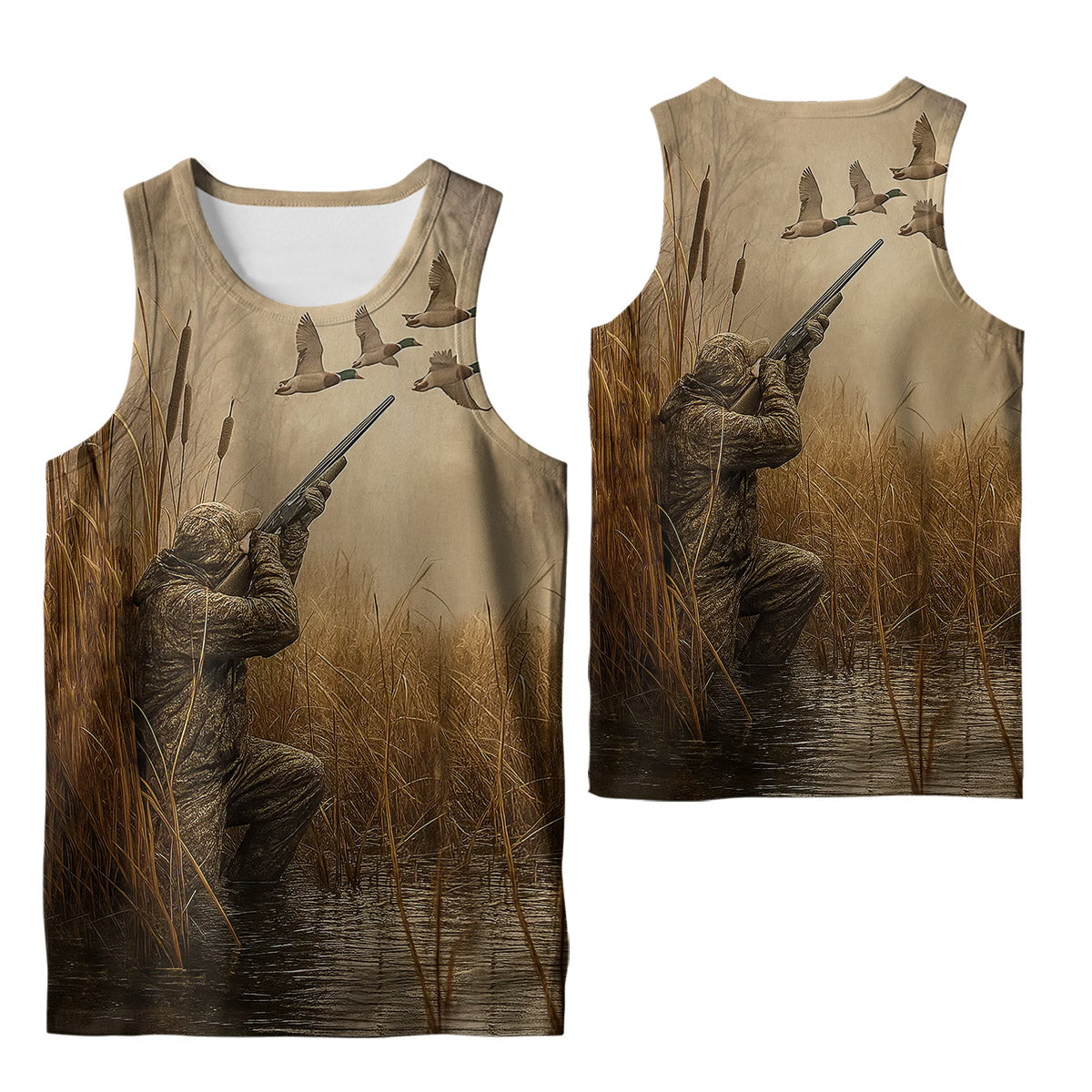 Duck Hunting T-Shirt - Waterfowl Hunter in Marsh Design