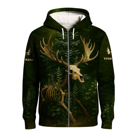 Personalized Moose Skull Hoodie - Forest Green Hunting AOP