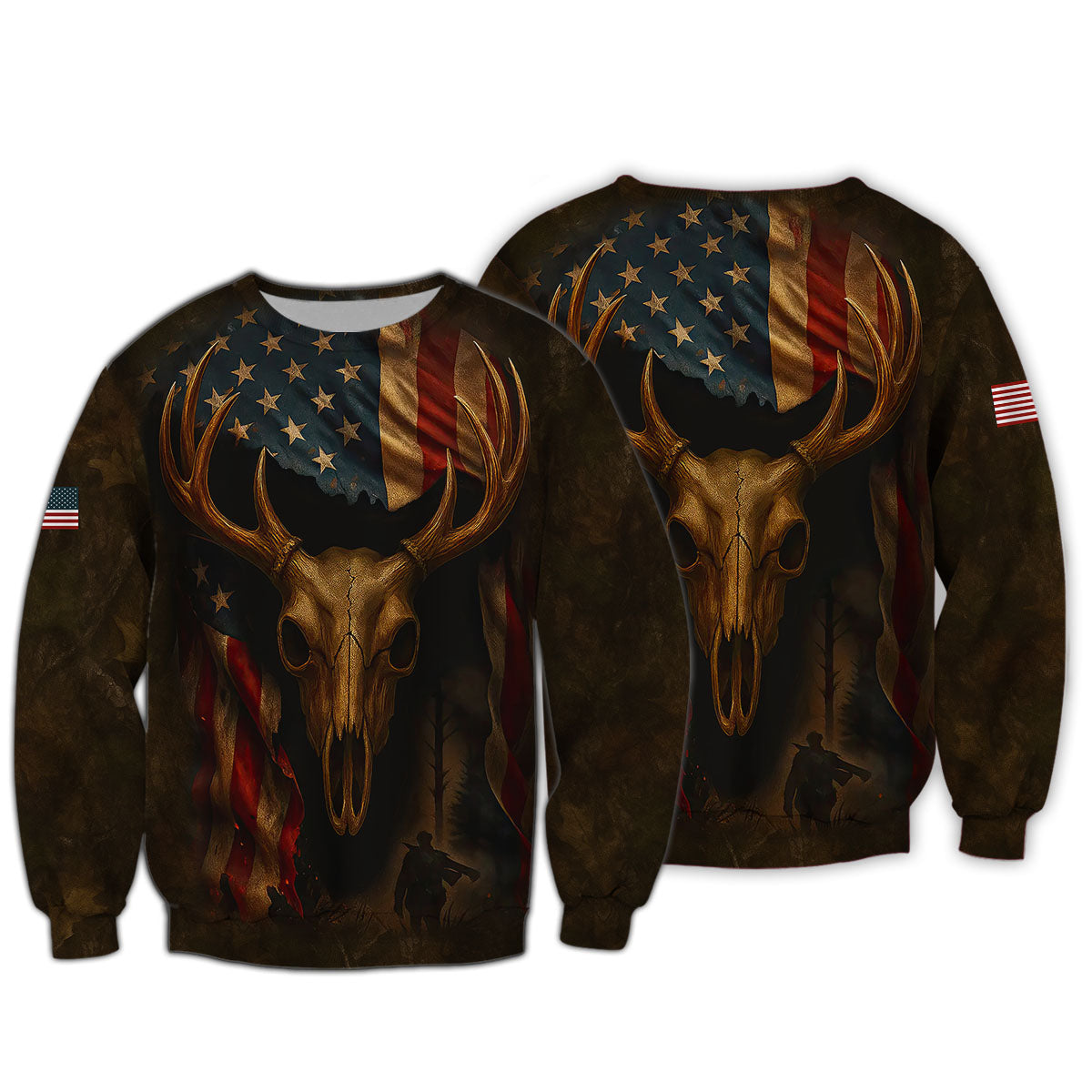 Patriotic Deer Hunting T-Shirt - Buck Skull & American Flag