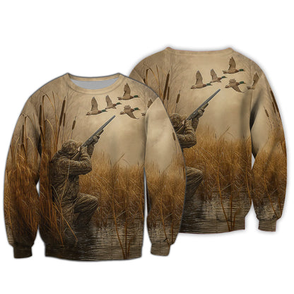 Duck Hunting T-Shirt - Waterfowl Hunter in Marsh Design