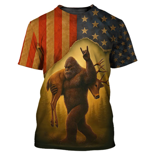 Bigfoot Deer Hunting T-Shirt - Patriotic American Flag Design