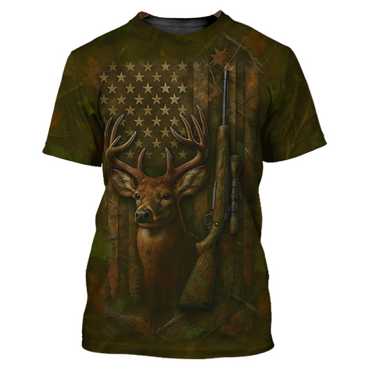 Patriotic Deer Hunting T-Shirt - American Flag & Rifle Design