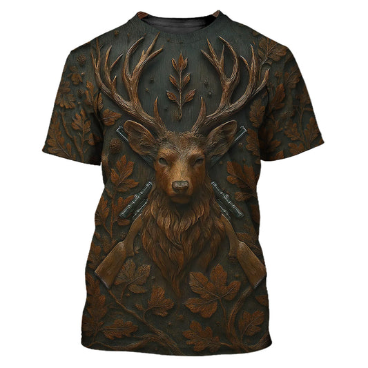 Deer Hunting T-Shirt - Rustic Trophy Buck with Rifles Design