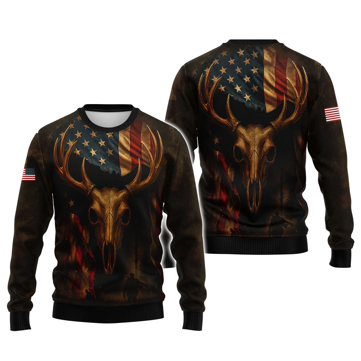 Patriotic Deer Hunting T-Shirt - Buck Skull & American Flag