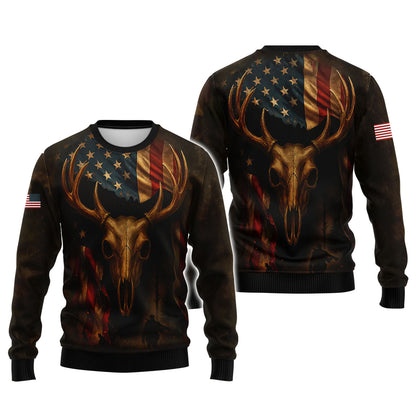 Patriotic Deer Hunting T-Shirt - Buck Skull & American Flag