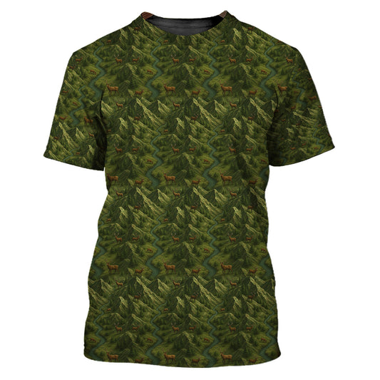 Mountain Deer Hunting T-Shirt - Nature Forest Camo Design