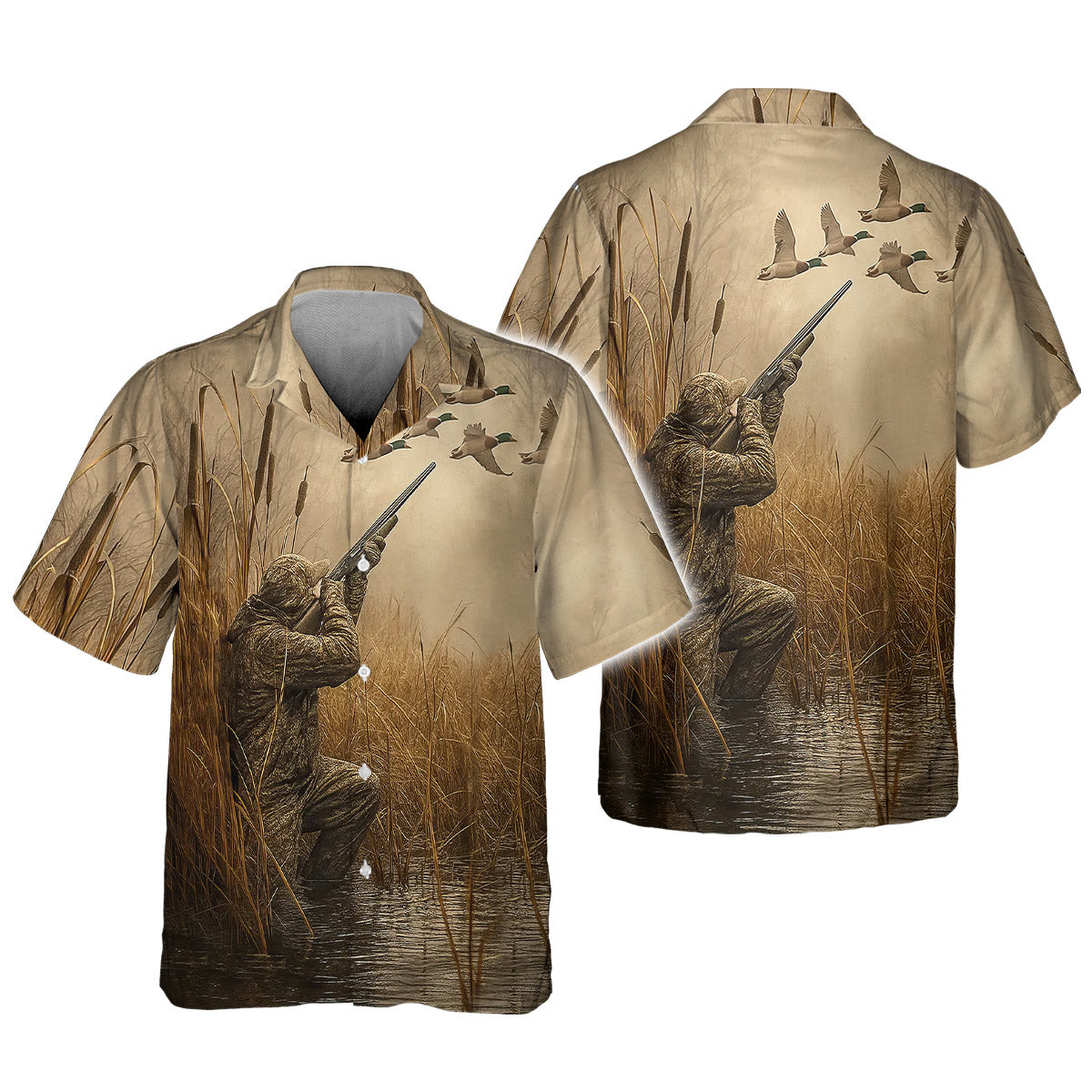 Duck Hunting T-Shirt - Waterfowl Hunter in Marsh Design