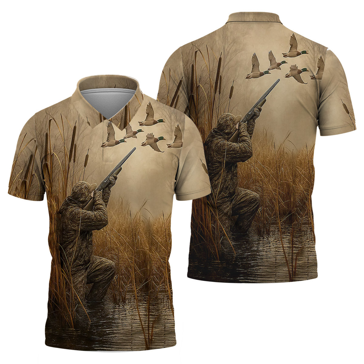 Duck Hunting T-Shirt - Waterfowl Hunter in Marsh Design