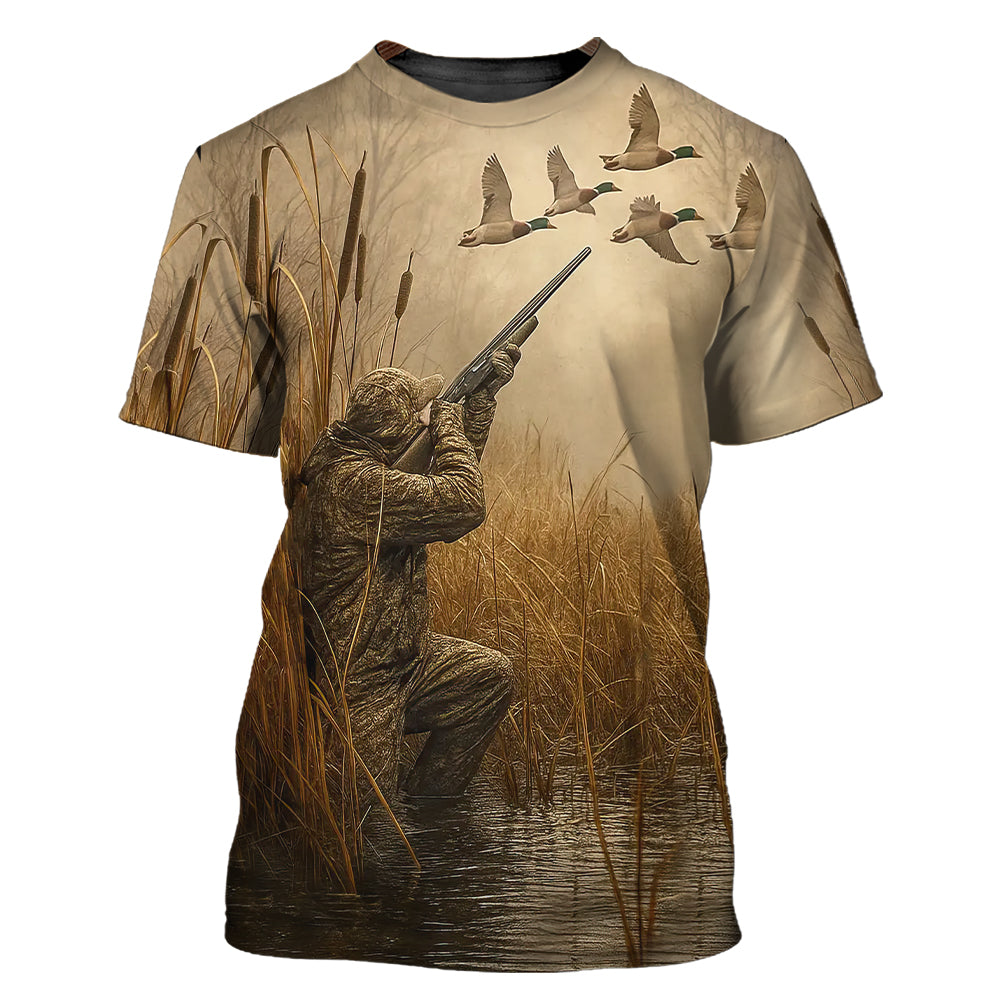 Duck Hunting T-Shirt - Waterfowl Hunter in Marsh Design
