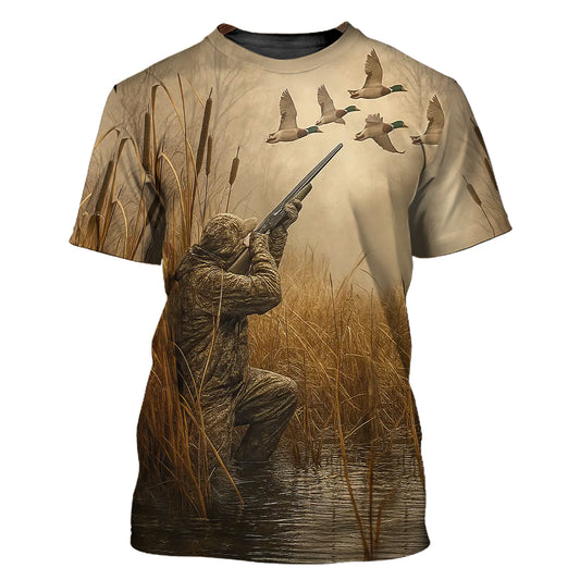 Duck Hunting T-Shirt - Waterfowl Hunter in Marsh Design