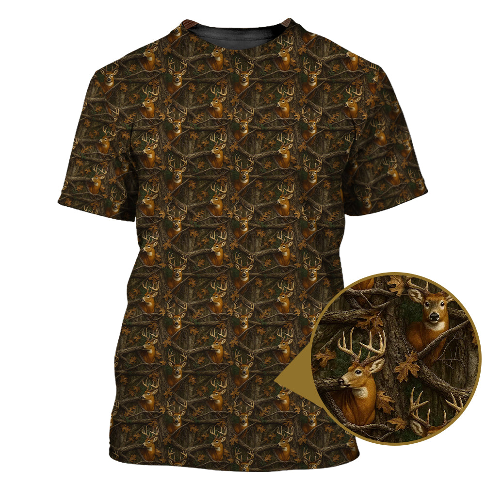 Deer Hunting Camo T-Shirt - Whitetail Buck Forest Print