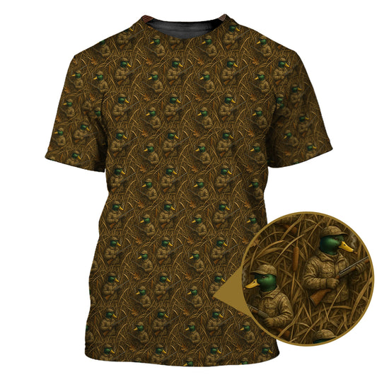 Duck Hunter Camo Tee - Cartoon Mallard with Rifle Pattern