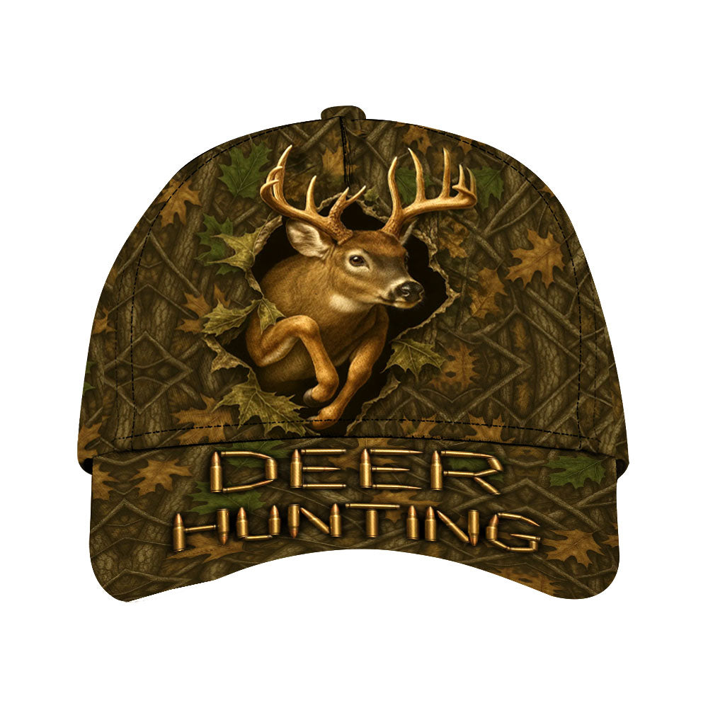 Deer Hunting Camo Cap, Buck Bursting Through Leaf Design