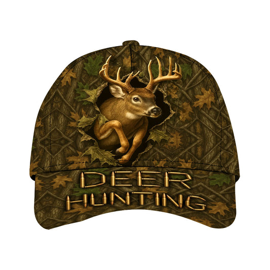 Deer Hunting Camo Cap, Buck Bursting Through Leaf Design