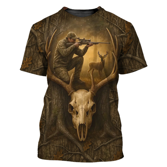 Deer Hunting T-Shirt - Trophy Skull and Hunter Design